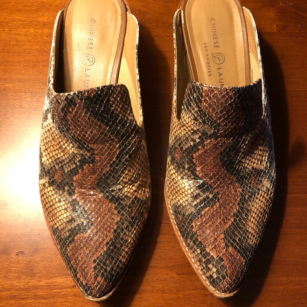 Chinese laundry snakeskin western mules